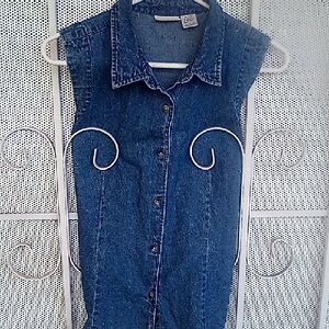 Blue Jean Denim Button Up Top Vest Shirt,Size Petite XL